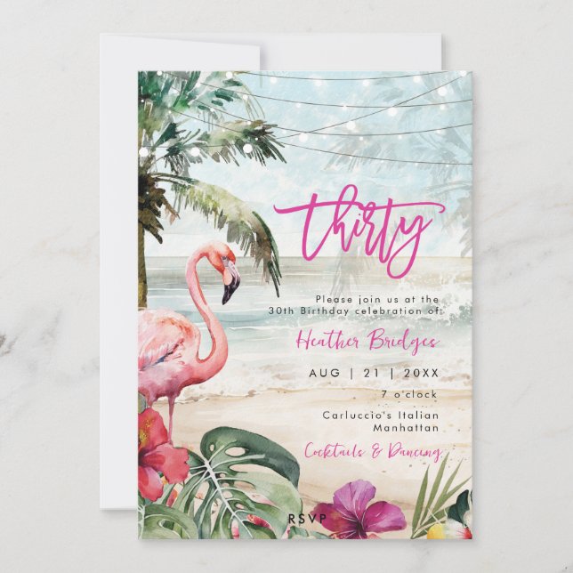 Invitación flamingo de playa tropical fiesta de 30 años (Anverso)