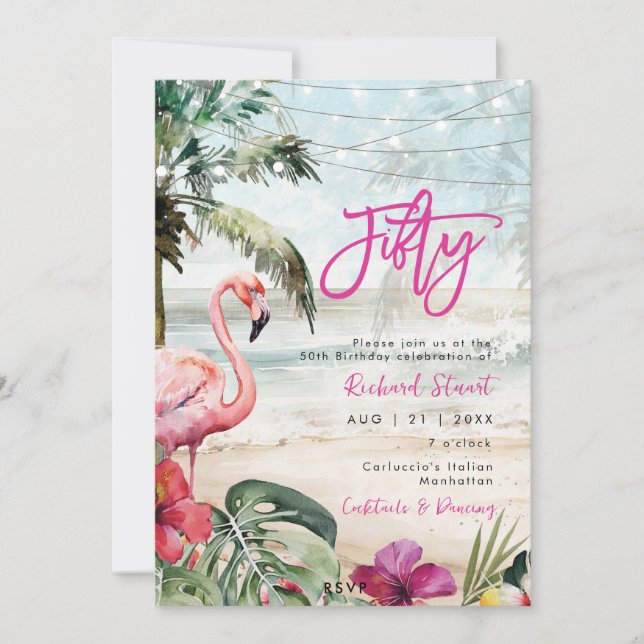 Invitación flamingo de playa tropical fiesta de 50 años (Anverso)
