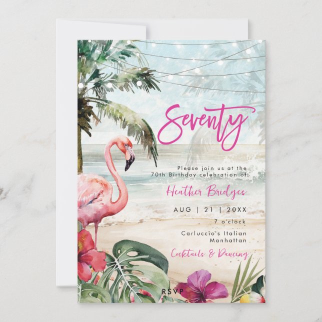 Invitación flamingo de playa tropical fiesta de cumpleaños 70 (Anverso)