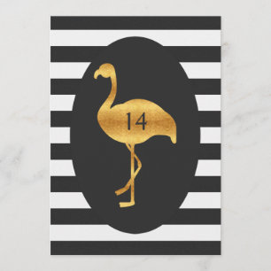 Invitación Flamingo dorado 14 años franjas blancas negras