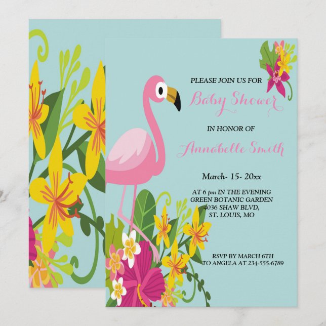 Invitación Flamingo Ducha de bebé tropical (Anverso / Reverso)