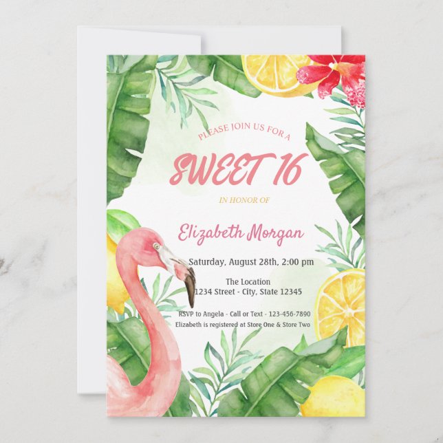 Invitación Flamingo Dulces 16 Verano Acuarela (Anverso)