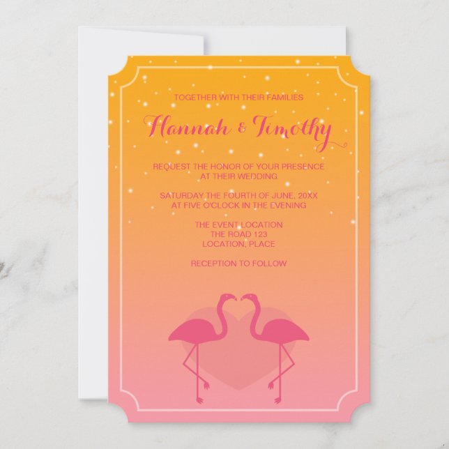 Invitación Flamingo Enamorado Boda Tropical Rosa Y Naranja (Anverso)