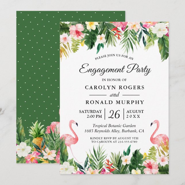Invitación Flamingo Engagement Party Tropical Deja Floral (Anverso / Reverso)