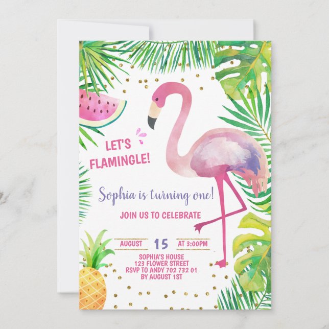Invitación Flamingo Fiesta de Nacimiento Chica tropical Fiest (Anverso)