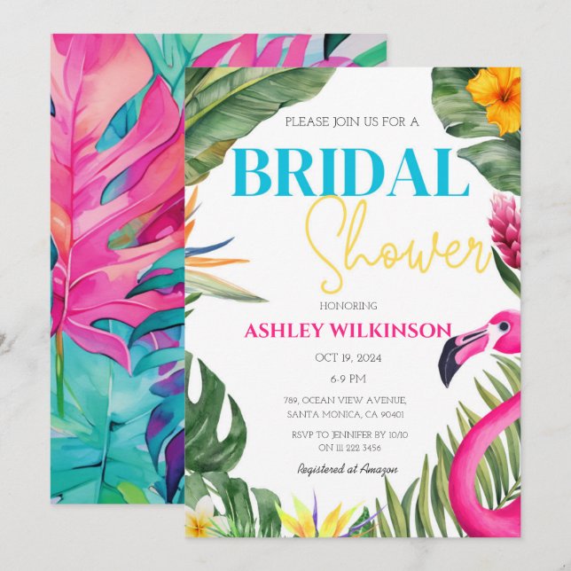 Invitación Flamingo Flamingo Floral Beach Bridal Shower (Anverso / Reverso)