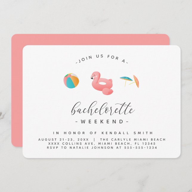 Invitación Flamingo Float Pool Fiesta Bachelorette Weekend (Anverso / Reverso)