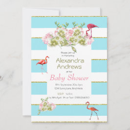Invitación Flamingo Floral Blue Stripe Baby Shower