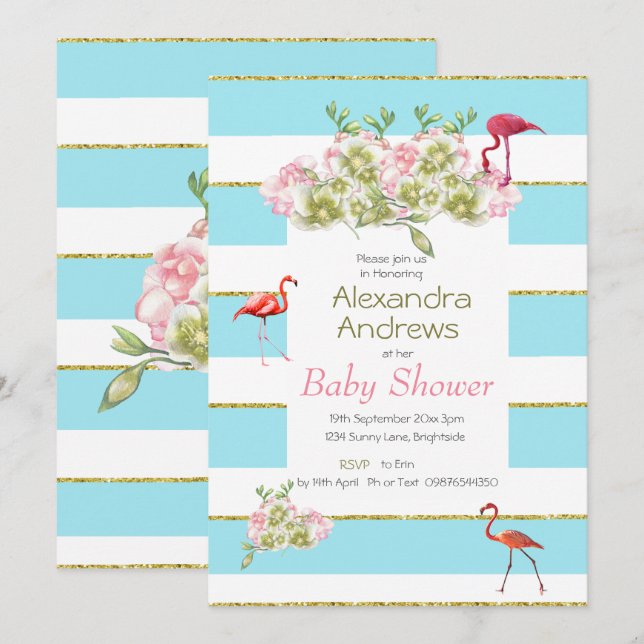 Invitación Flamingo Floral Blue Stripe Baby Shower (Anverso / Reverso)