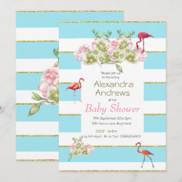 Invitación Flamingo Floral Blue Stripe Baby Shower
