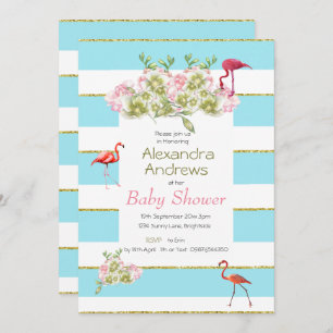 Invitación Flamingo Floral Blue Stripe Baby Shower