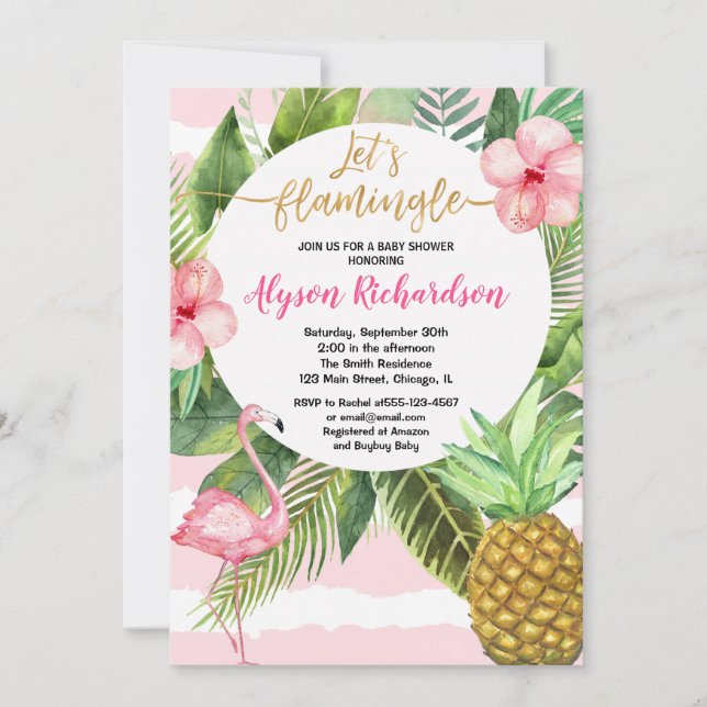 Invitación Flamingo floral chica de oro rosa (Anverso)