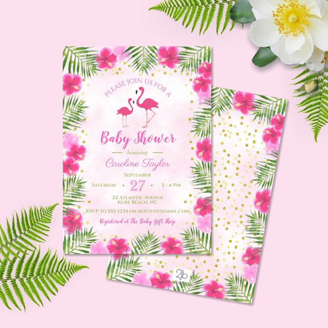 Invitación Flamingo floral de oro rosado tropical Baby Shower (Subido por el creador)