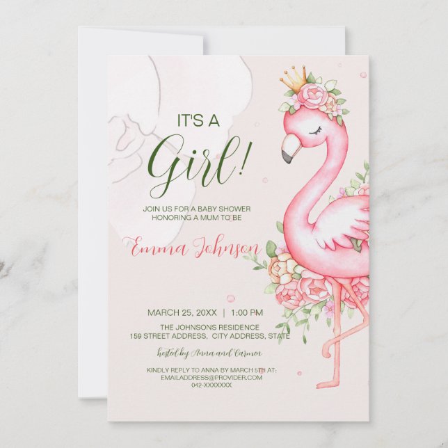 Invitación Flamingo floral rosa Baby Shower (Anverso)