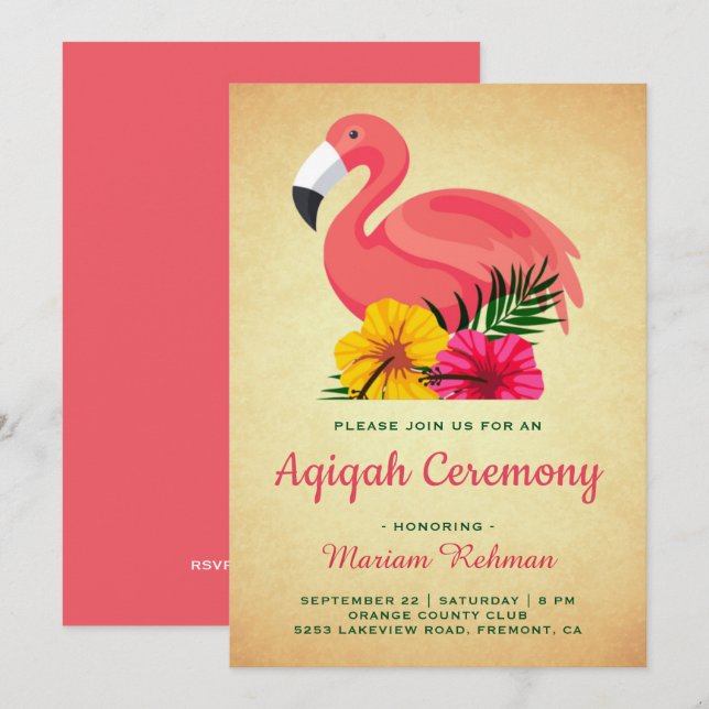 Invitación Flamingo floral ruso vintage Aqiqah (Anverso / Reverso)