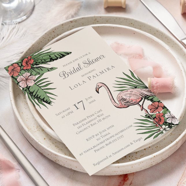 Invitación Flamingo floral tropical marfil ducha de novia (Elegant Tropical Bridal Shower Design. Hand-Drawn Pink Flamingo, Hibiscus Flowers, Tropical Greenery)