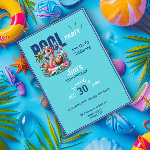 Invitación Flamingo Flotando En La Fiesta Del Cumpleaños Del