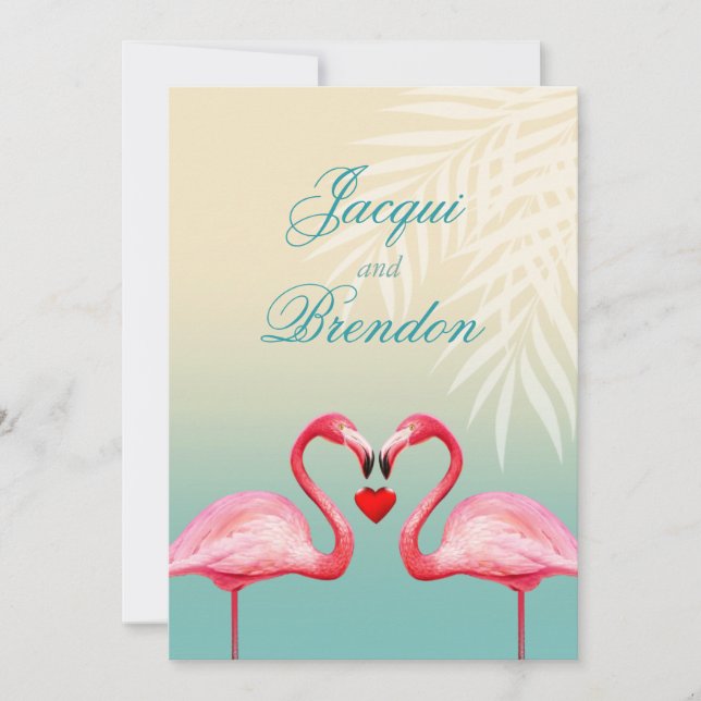 Invitación Flamingo Heart Kiss| Boda azul menta (Anverso)