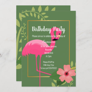 INVITACIÓN FLAMINGO HIBISCUS SAGE ORO VERDE CUMPLEAÑOS
