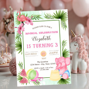 Invitación Flamingo, hojas tropicales, cumpleaños de verano