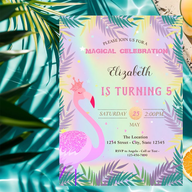 Invitación Flamingo, hojas tropicales Cumpleaños Holográfico (Subido por el creador)