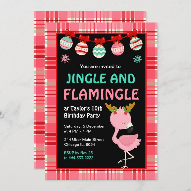 Invitación Flamingo Holiday Birthday Party (Anverso / Reverso)