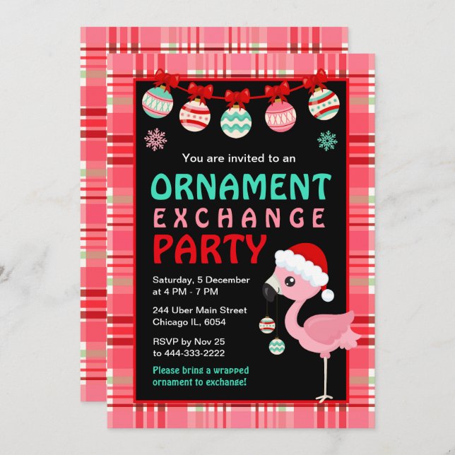Invitación Flamingo Holiday Ornament Exchange Party (Anverso / Reverso)