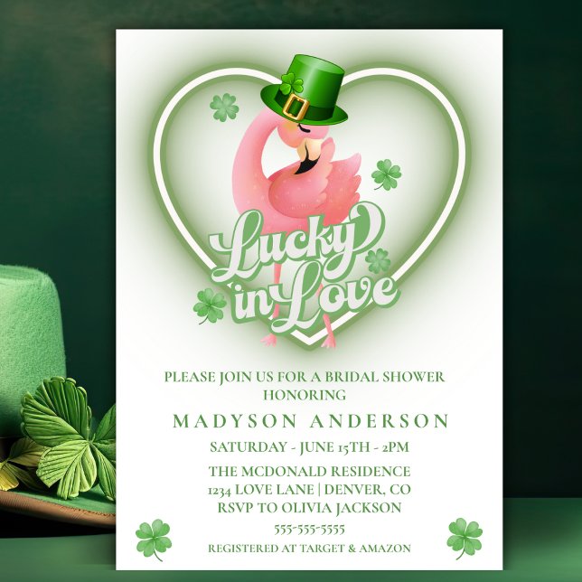 Invitación Flamingo Irlandés Lucky In Love Bridal Shower (Irish Flamingo Lucky In Love Bridal Shower Invitation)