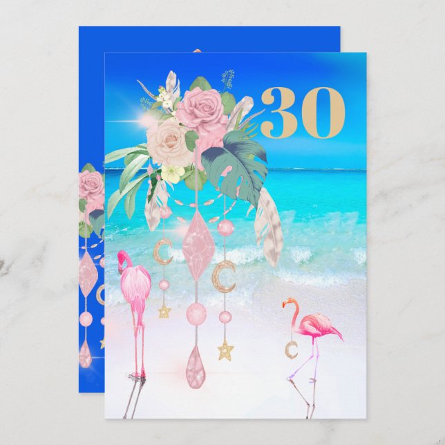 Invitación Flamingo Jewel Beach Floral 30 cumpleaños (Anverso / Reverso)