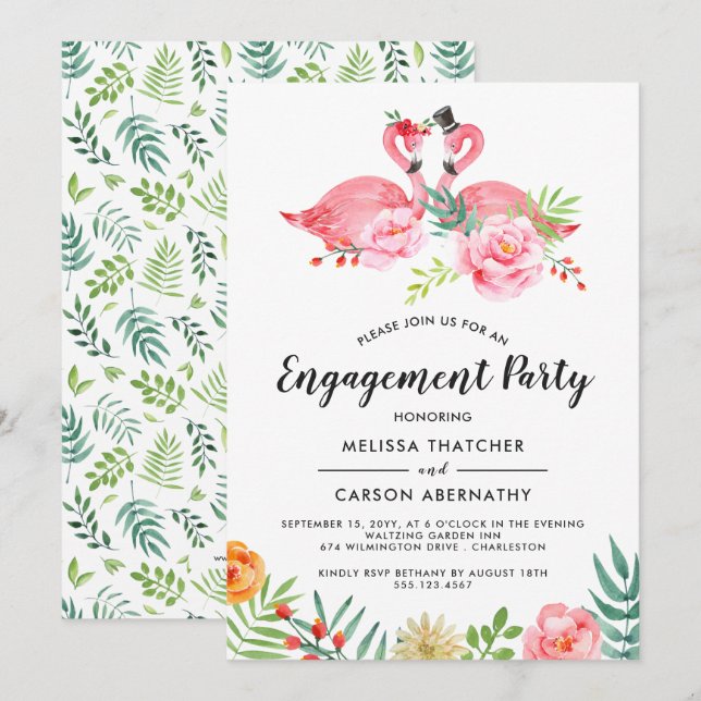 Invitación Flamingo Love| Partido de compromiso floral acuare (Anverso / Reverso)