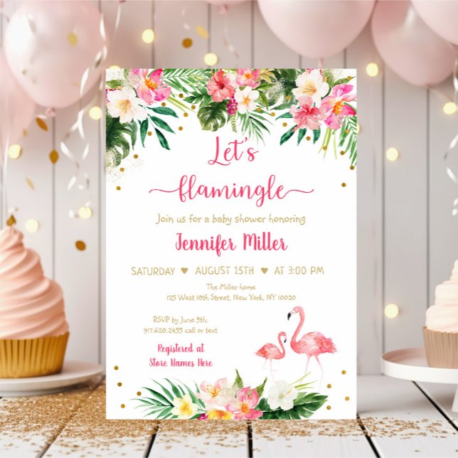 Invitación Flamingo Oro Rosa Tropical Baby Shower Floral (Subido por el creador)