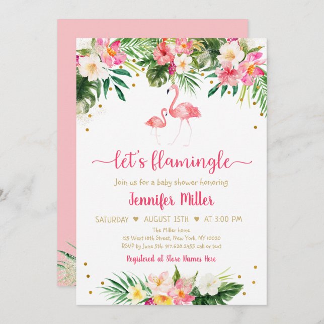 Invitación Flamingo Oro Rosa Tropical Baby Shower Floral (Anverso / Reverso)