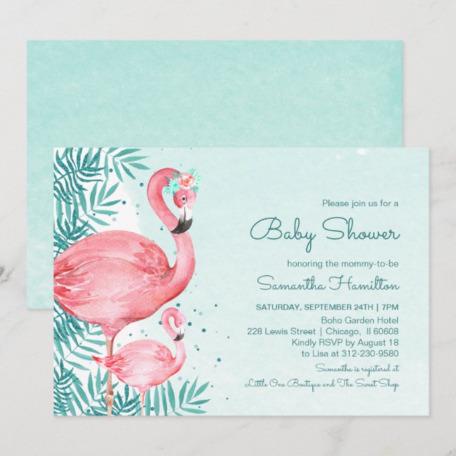 Invitación Flamingo & Palm deja agua Verde azulada Baby Showe (Anverso / Reverso)