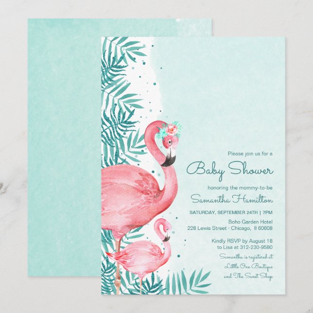 Invitación Flamingo & Palm Leaves Watercolor Baby Shower (Anverso / Reverso)