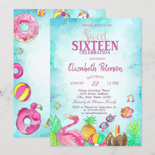 Invitación Flamingo Piña Verano Piscina Dulces 16
