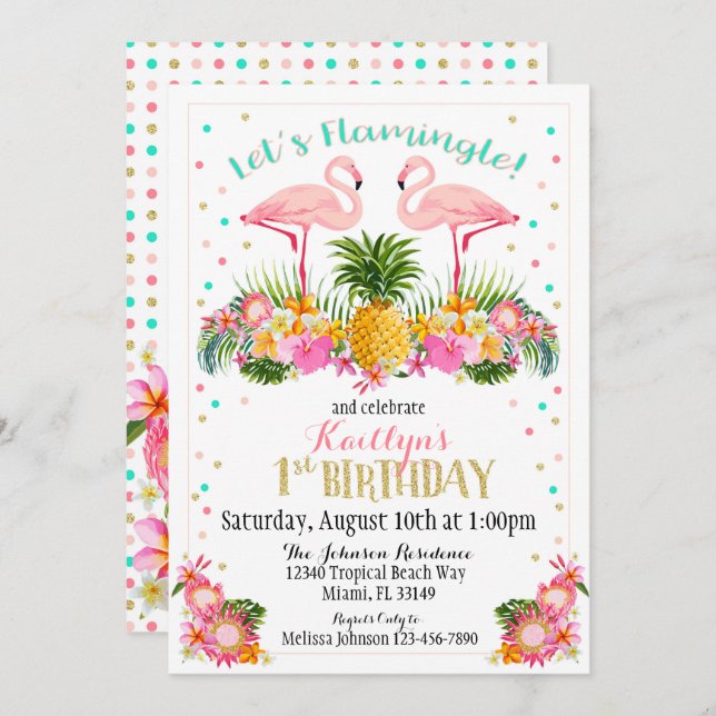 Invitación Flamingo Pineapple and Tropical Floral Birday (Anverso / Reverso)