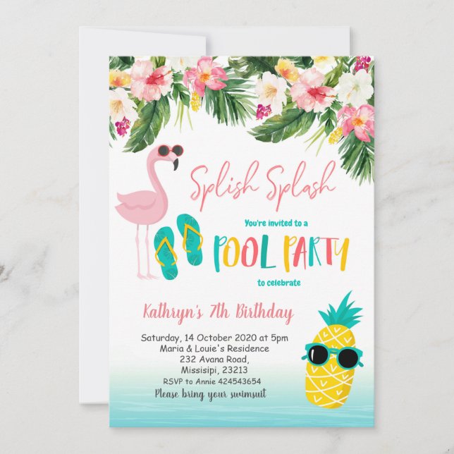Invitación Flamingo Pool Fiesta verano fiesta de cumpleaños (Anverso)
