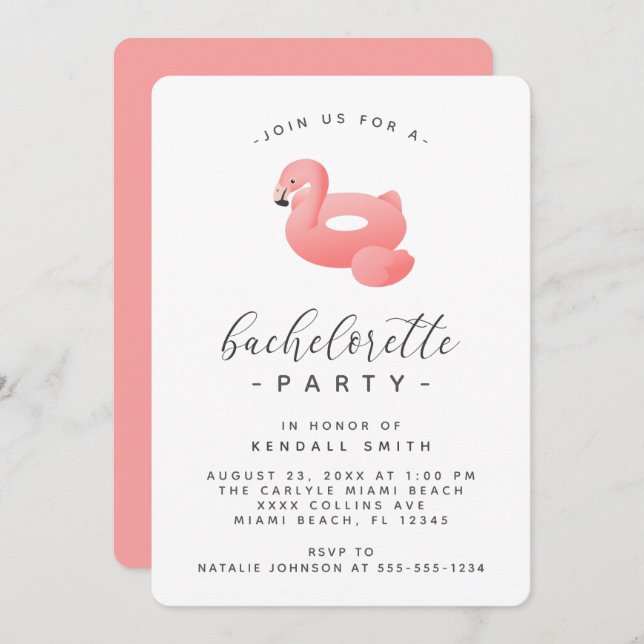Invitación Flamingo Pool Float Minimal Bachelorette Party (Anverso / Reverso)