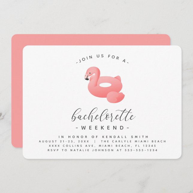 Invitación Flamingo Pool Float Minimal Bachelorette Weekend (Anverso / Reverso)