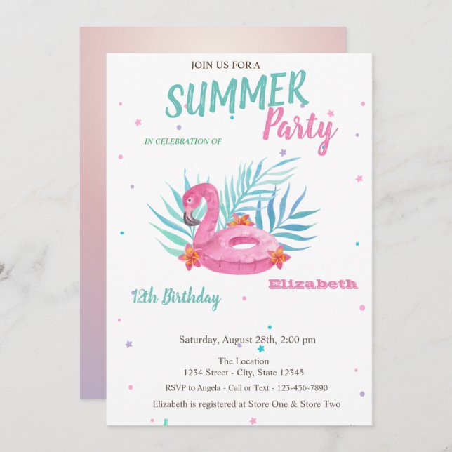 Invitación Flamingo Pool Float Summer Birday Party (Anverso / Reverso)