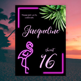 Invitación Flamingo retro tropical de neón dulce 16 cumpleaño