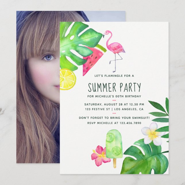 Invitación Flamingo rosa acuarela tropical Cumpleaños de vera (Anverso / Reverso)