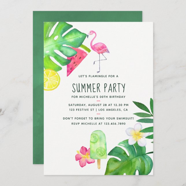 Invitación Flamingo rosa acuarela tropical Cumpleaños de vera (Anverso / Reverso)