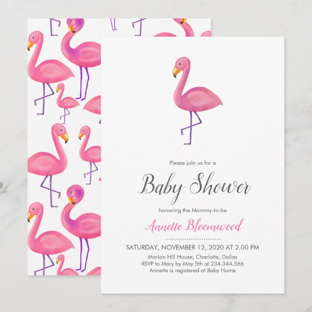 Invitación Flamingo rosa Baby Shower moderno (Anverso / Reverso)