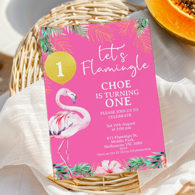 Invitación Flamingo rosa caliente Vamos a hacer una tontería (Pink Lets Flamingle 1st Birthday Invitation Template, Printable Pink Flamingo Birthday Invitation )