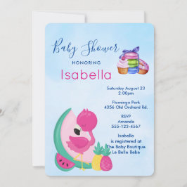 Invitación Flamingo rosa con Baby Shower de frutas tropicales
