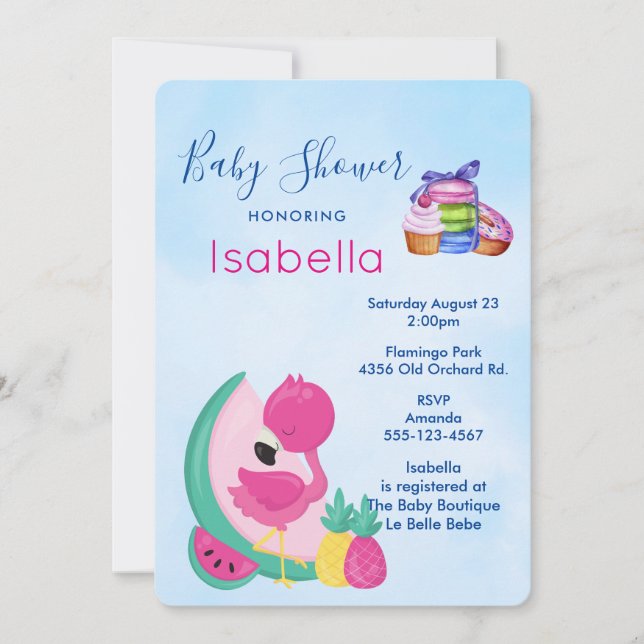 Invitación Flamingo rosa con Baby Shower de frutas tropicales (Anverso)