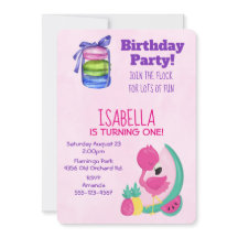 Flamingo rosa con fiesta de cumpleaños de frutas y