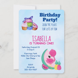 Invitación Flamingo rosa con frutas tropicales Fiesta de cump