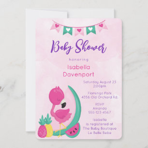 Invitación Flamingo rosa con piña y ducha de sandía